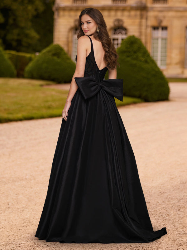Black A-Line/Princess V-Neck Sweep Train Prom Dresses With Rhinestone & Bow