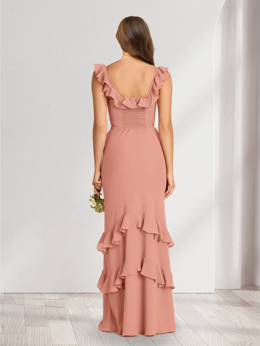 Sheath/Column Off-the-Shoulder Floor-Length Bridesmaid Dresses With Ruffles