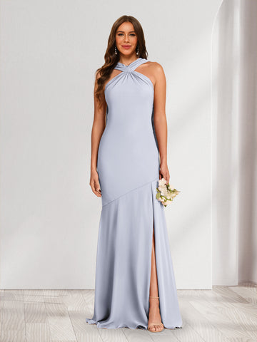 Sheath/Column Halter Ruched Bridesmaid Dresses with Split Side
