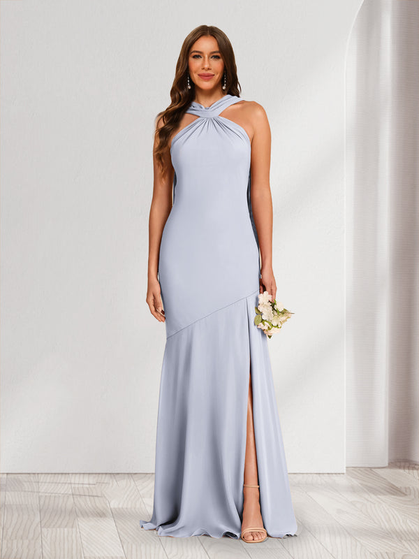 Sheath/Column Halter Ruched Bridesmaid Dresses with Split Side
