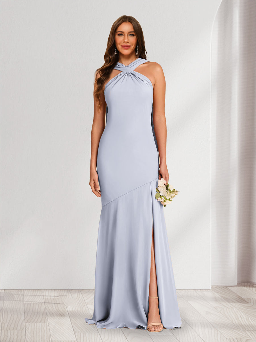 Sheath/Column Halter Ruched Bridesmaid Dresses with Split Side