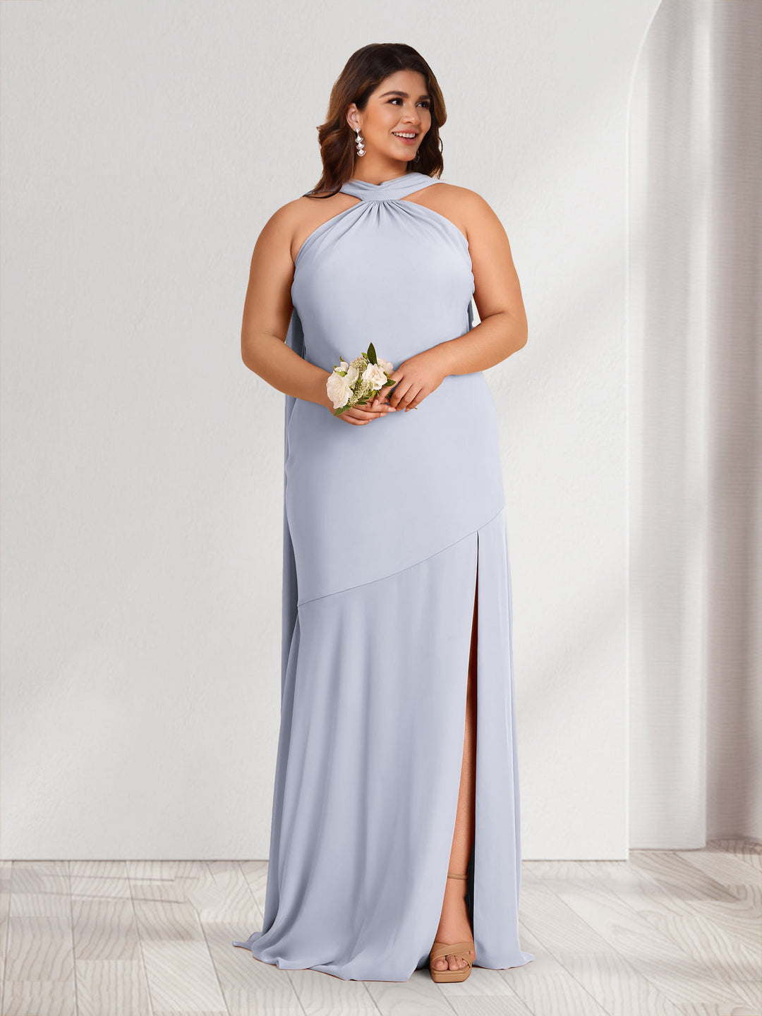 Lavetir Sheath/Column Halter Ruched Plus Size Bridesmaid Dresses with Split Side 2026
