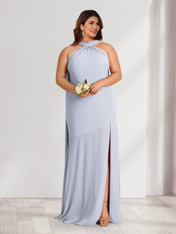 Sheath/Column Halter Ruched Plus Size Bridesmaid Dresses with Split Side