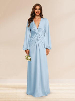 Sheath/Column V-Neck Long Sleeves Long Ruched Bridesmaid Dresses