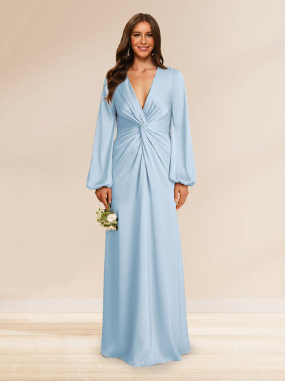 Sheath/Column V-Neck Long Sleeves Long Ruched Bridesmaid Dresses