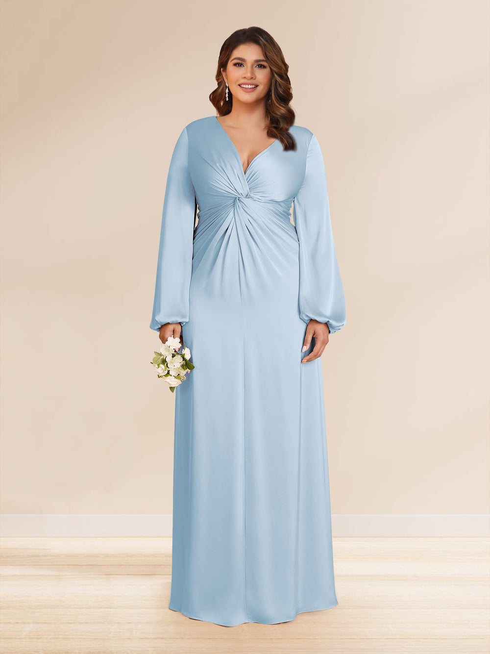 Sheath/Column V-Neck Long Sleeves Long Ruched Plus Size Bridesmaid Dresses