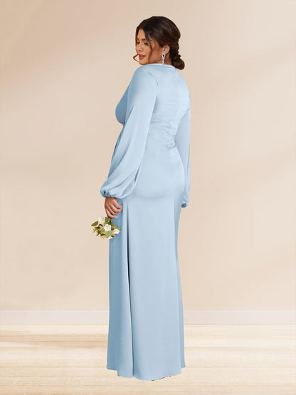 Sheath/Column V-Neck Long Sleeves Long Ruched Plus Size Bridesmaid Dresses