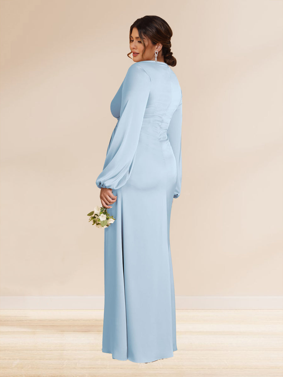 Sheath/Column V-Neck Long Sleeves Long Ruched Plus Size Bridesmaid Dresses