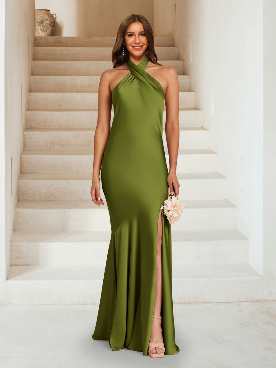 Sheath/Column Criss Cross Ruched Bridesmaid Dresses with Split Side