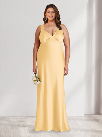 A-Line/Princess V-Neck Sleeveless Floor-Length Ruched Plus Size Bridesmaid Dresses