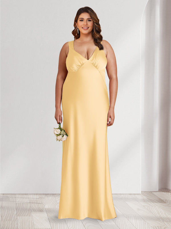 A-Line/Princess V-Neck Sleeveless Floor-Length Ruched Plus Size Bridesmaid Dresses