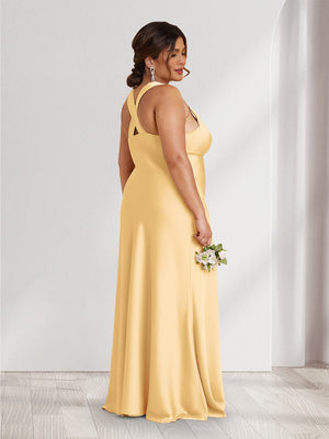 A-Line/Princess V-Neck Sleeveless Floor-Length Ruched Plus Size Bridesmaid Dresses
