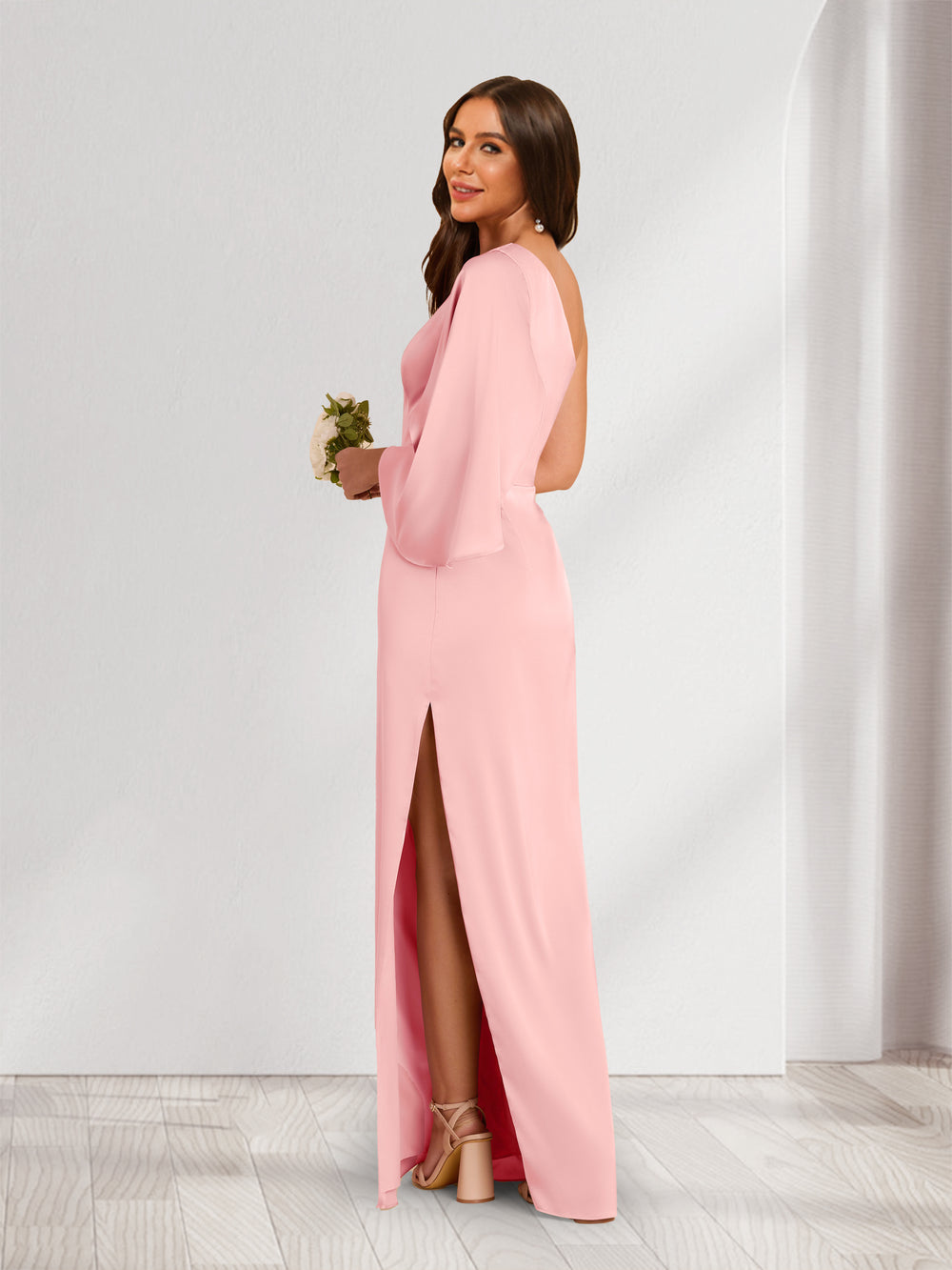 Sheath/Column One-Shoulder 3/4 Sleeves Bridesmaid Dresses with Split Side