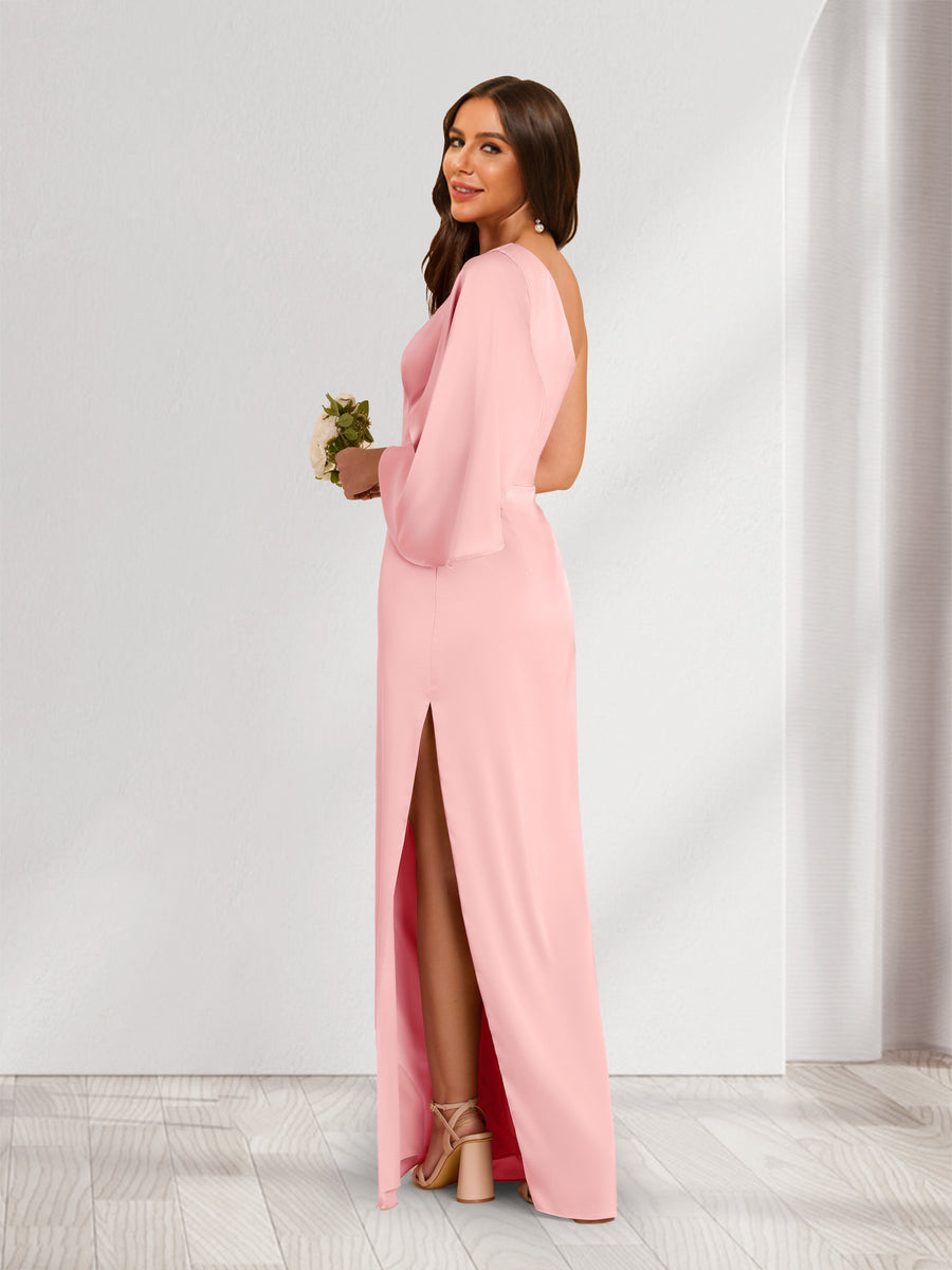 Sheath/Column One-Shoulder 3/4 Sleeves Bridesmaid Dresses with Split Side