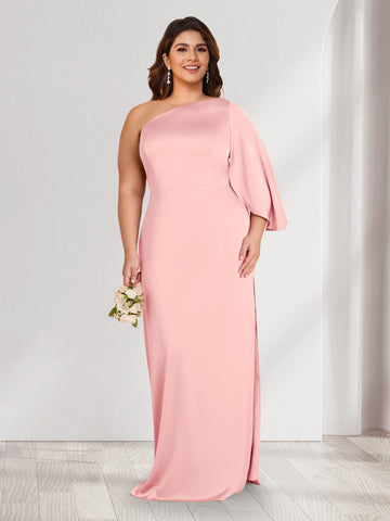 Sheath/Column One-Shoulder 3/4 Sleeves Plus Size Bridesmaid Dresses with Split Side