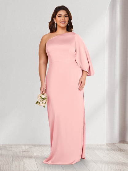 Sheath/Column One-Shoulder 3/4 Sleeves Plus Size Bridesmaid Dresses with Split Side