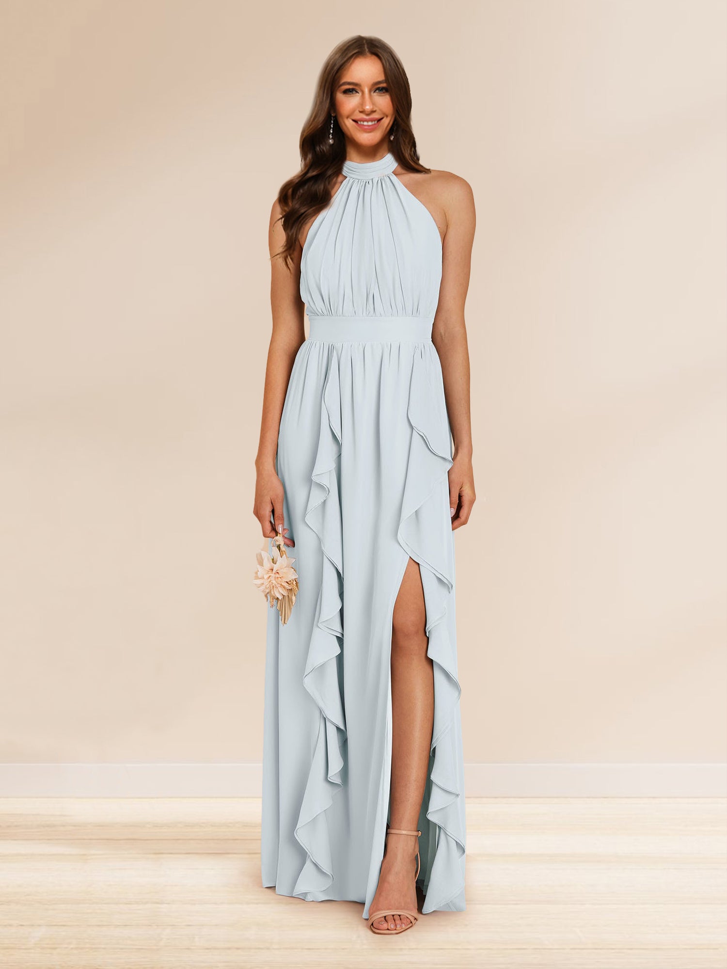 Chiffon A-Line/Princess Halter Bridesmaid Dresses with Split Side & Ruffles