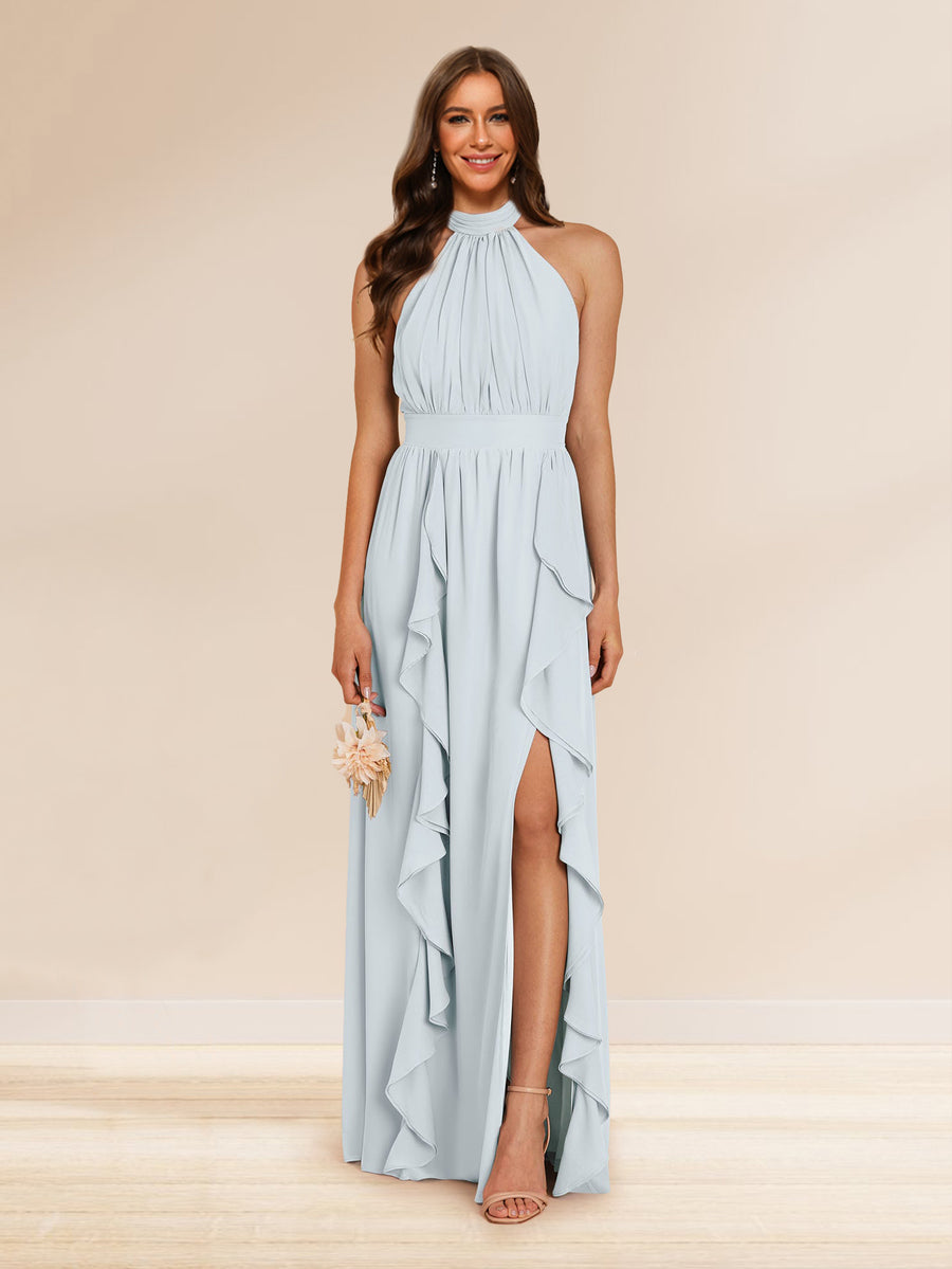 Chiffon A-Line/Princess Halter Bridesmaid Dresses with Split Side & Ruffles