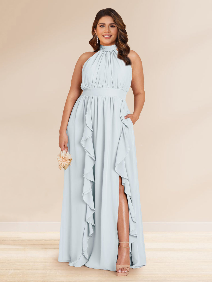 Chiffon A-Line/Princess Halter Plus Size Bridesmaid Dresses with Split Side & Ruffles