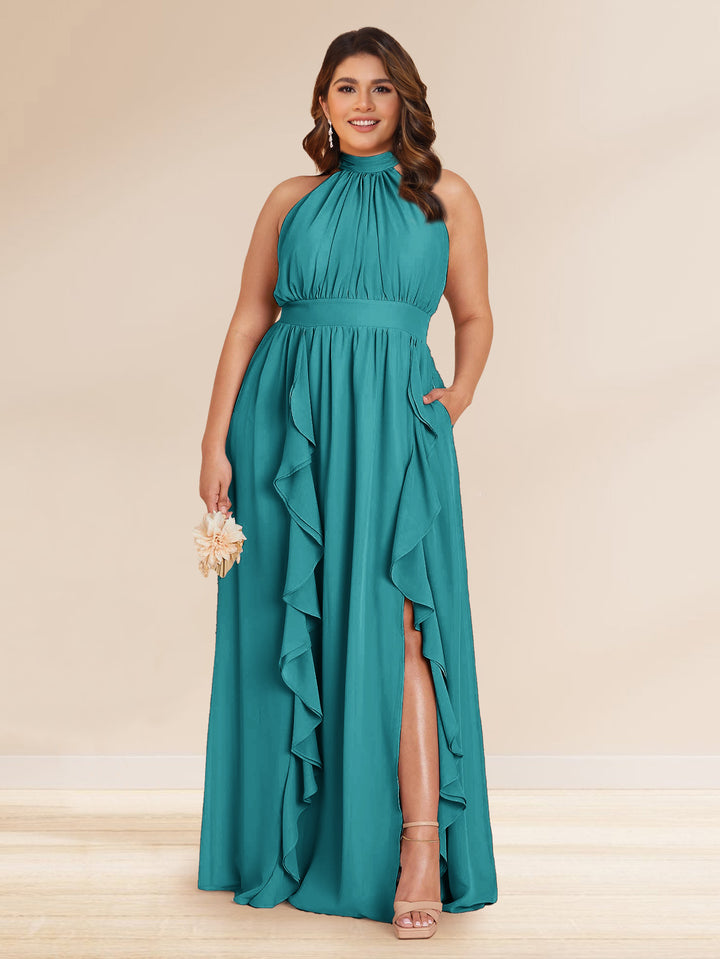 Chiffon A-Line/Princess Halter Plus Size Bridesmaid Dresses with Split Side &amp; Ruffles