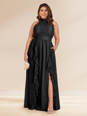 Chiffon A-Line/Princess Halter Plus Size Bridesmaid Dresses with Split Side & Ruffles