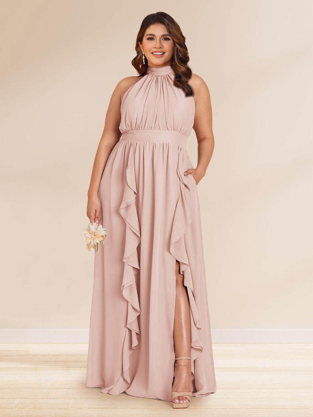 Chiffon A-Line/Princess Halter Plus Size Bridesmaid Dresses with Split Side &amp; Ruffles