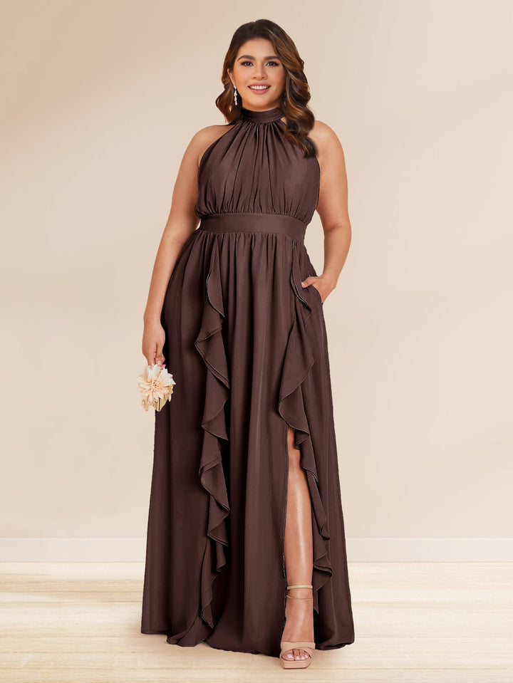 Chiffon A-Line/Princess Halter Plus Size Bridesmaid Dresses with Split Side &amp; Ruffles