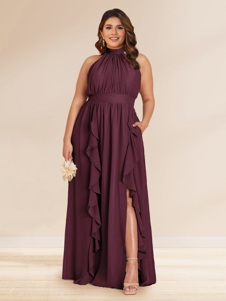 Chiffon A-Line/Princess Halter Plus Size Bridesmaid Dresses with Split Side &amp; Ruffles
