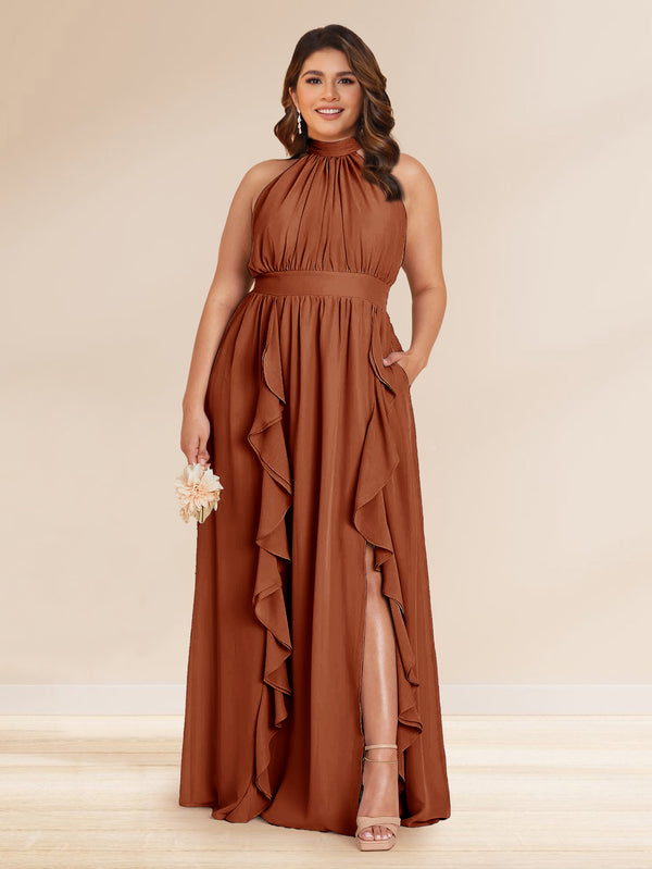 Chiffon A-Line/Princess Halter Plus Size Bridesmaid Dresses with Split Side & Ruffles