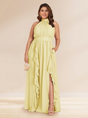 Chiffon A-Line/Princess Halter Plus Size Bridesmaid Dresses with Split Side & Ruffles