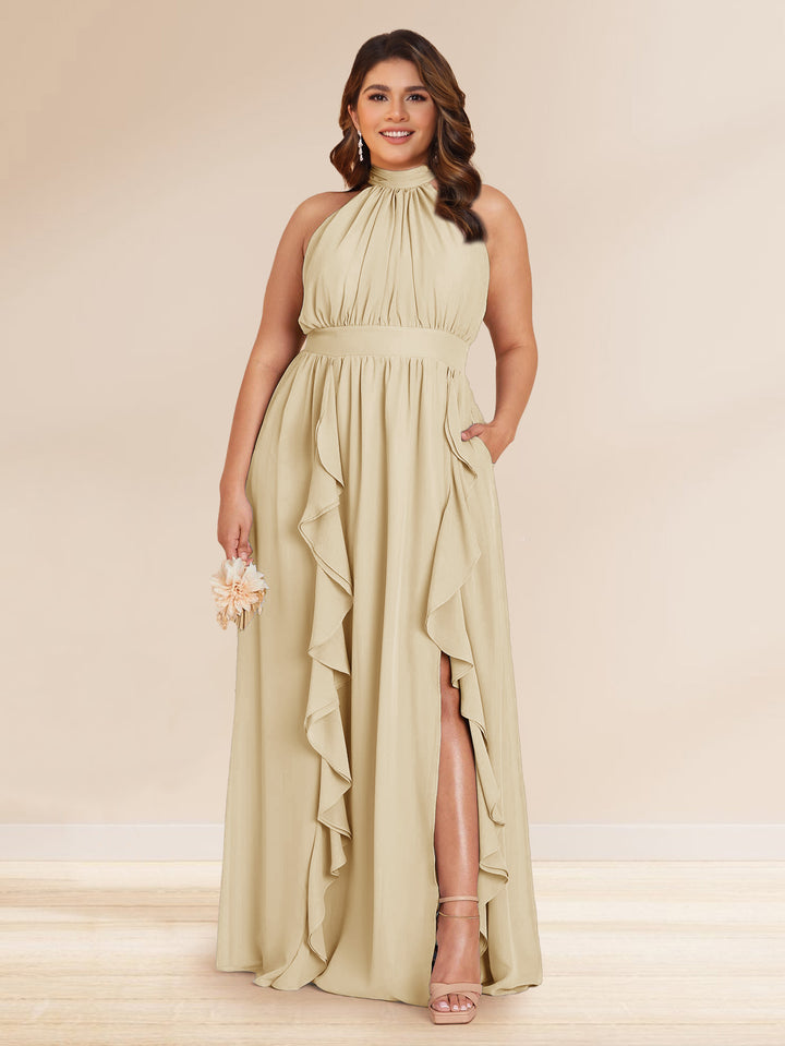 Chiffon A-Line/Princess Halter Plus Size Bridesmaid Dresses with Split Side &amp; Ruffles