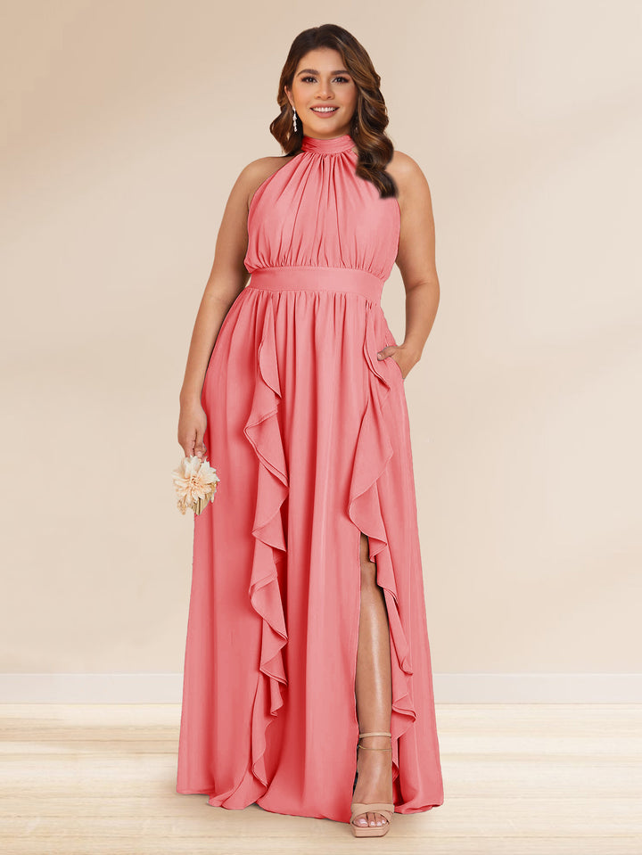 Chiffon A-Line/Princess Halter Plus Size Bridesmaid Dresses with Split Side &amp; Ruffles