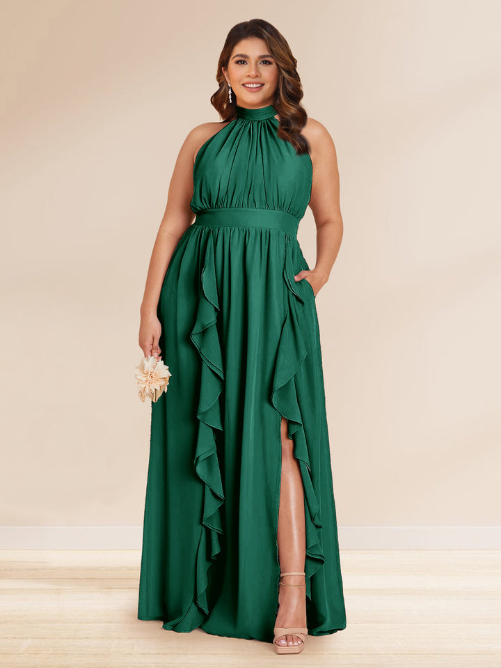 Chiffon A-Line/Princess Halter Plus Size Bridesmaid Dresses with Split Side &amp; Ruffles