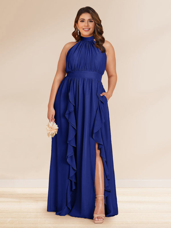 Chiffon A-Line/Princess Halter Plus Size Bridesmaid Dresses with Split Side & Ruffles