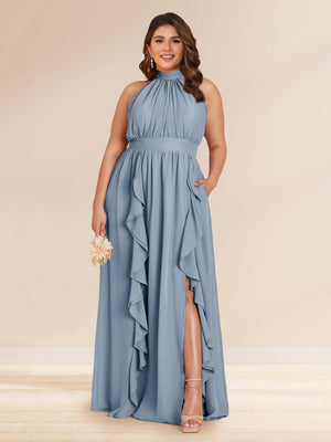 Chiffon A-Line/Princess Halter Plus Size Bridesmaid Dresses with Split Side & Ruffles