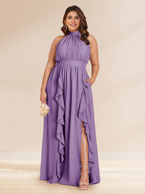 Chiffon A-Line/Princess Halter Plus Size Bridesmaid Dresses with Split Side & Ruffles