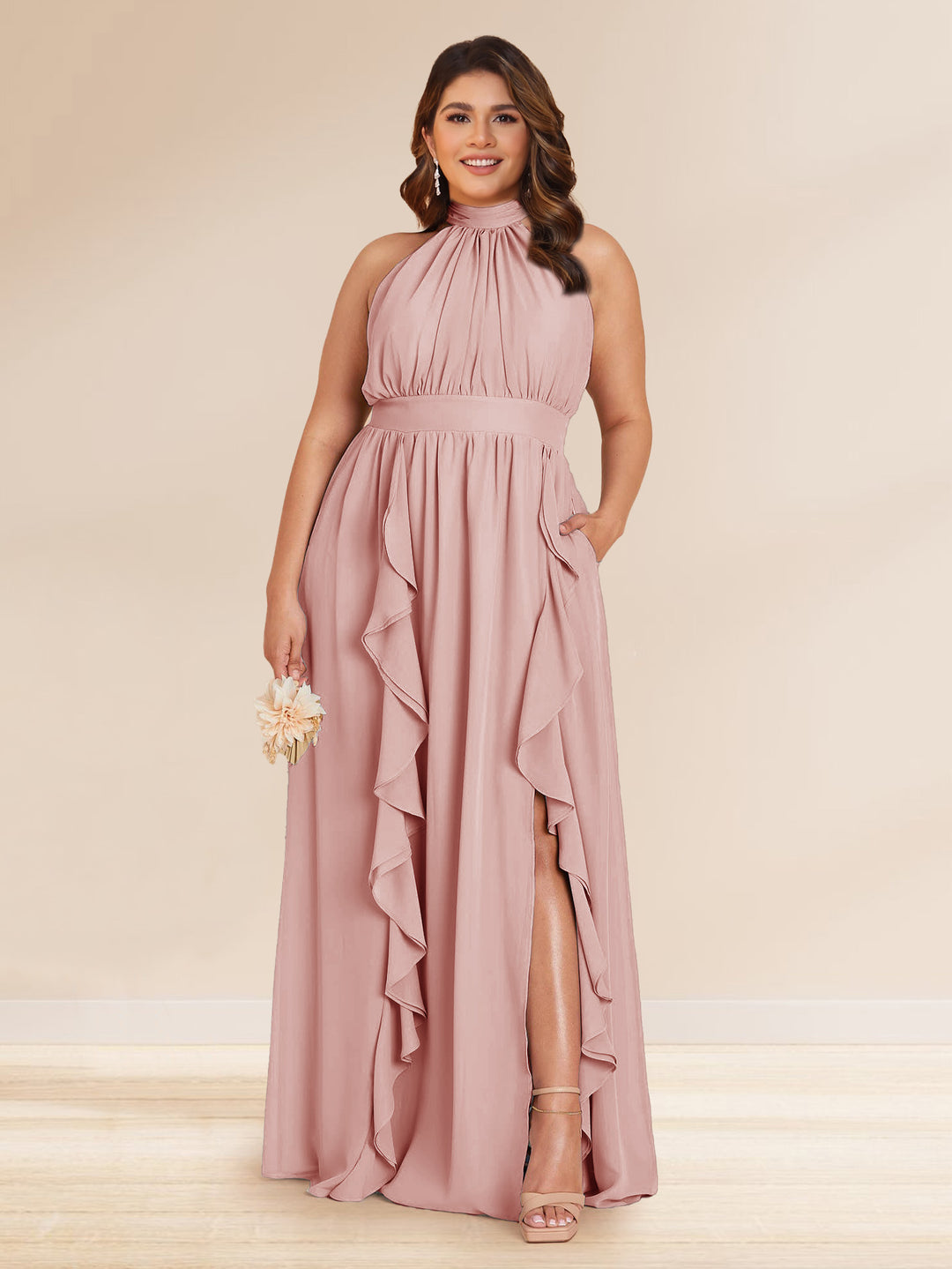 Chiffon A-Line/Princess Halter Plus Size Bridesmaid Dresses with Split Side &amp; Ruffles