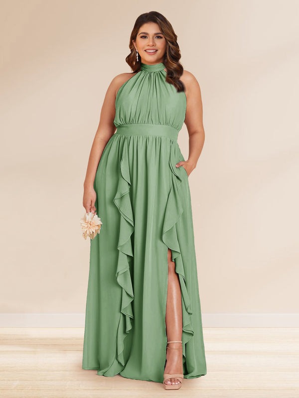 Chiffon A-Line/Princess Halter Plus Size Bridesmaid Dresses with Split Side & Ruffles