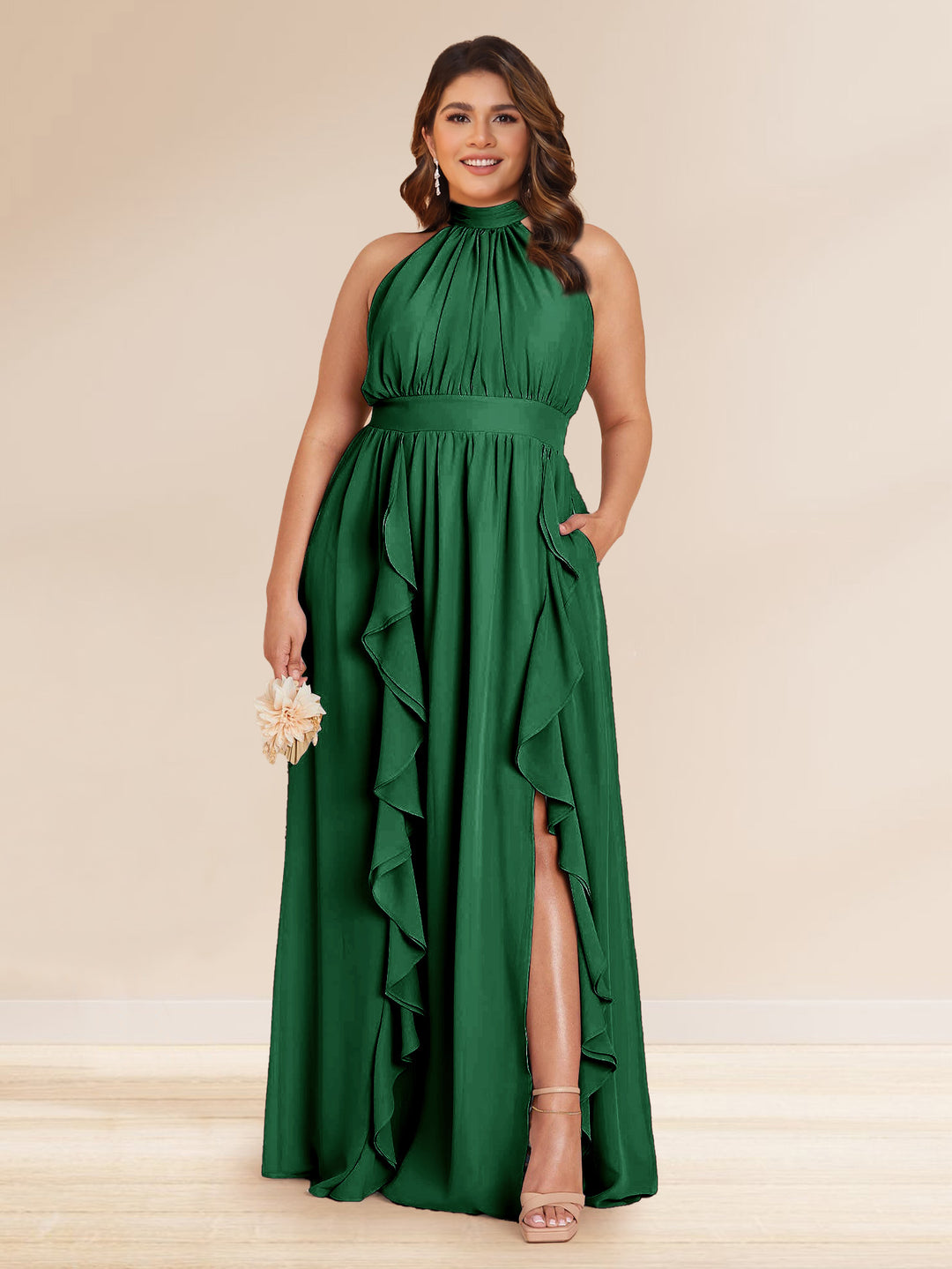 Chiffon A-Line/Princess Halter Plus Size Bridesmaid Dresses with Split Side &amp; Ruffles