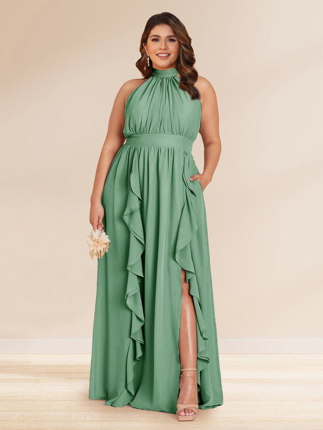 Chiffon A-Line/Princess Halter Plus Size Bridesmaid Dresses with Split Side &amp; Ruffles