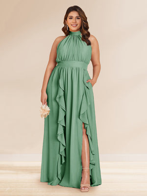 Chiffon A-Line/Princess Halter Plus Size Bridesmaid Dresses with Split Side & Ruffles