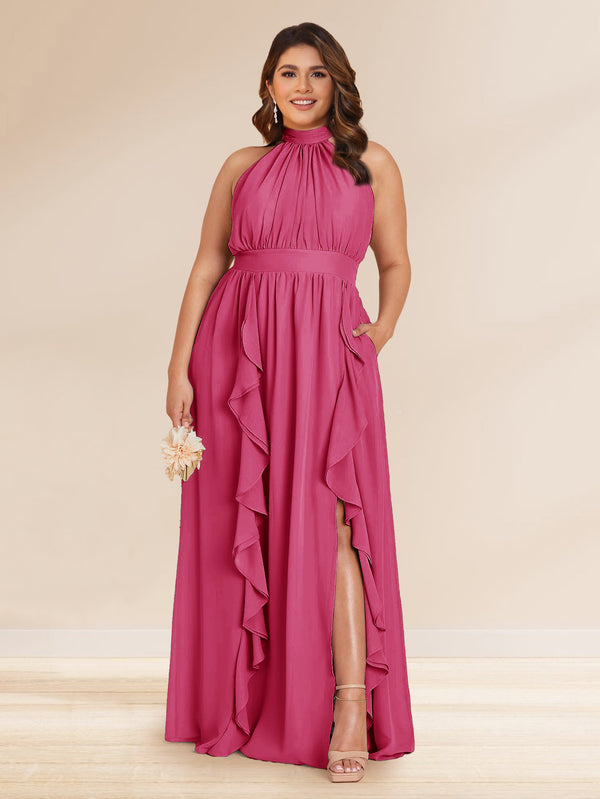 Chiffon A-Line/Princess Halter Plus Size Bridesmaid Dresses with Split Side & Ruffles