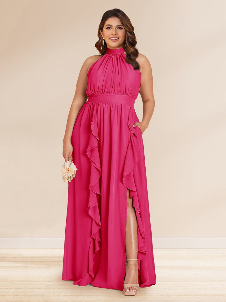 Chiffon A-Line/Princess Halter Plus Size Bridesmaid Dresses with Split Side &amp; Ruffles