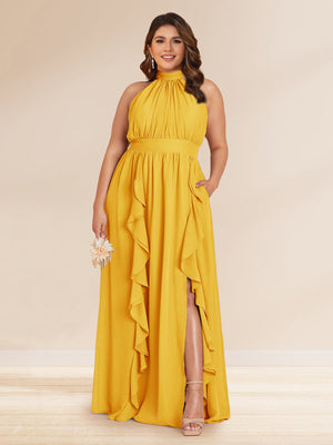 Chiffon A-Line/Princess Halter Plus Size Bridesmaid Dresses with Split Side & Ruffles