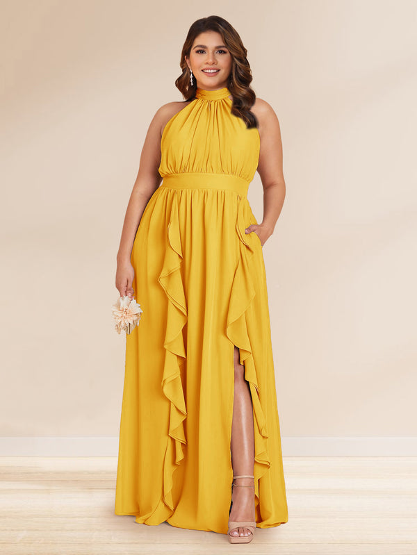 Chiffon A-Line/Princess Halter Plus Size Bridesmaid Dresses with Split Side & Ruffles