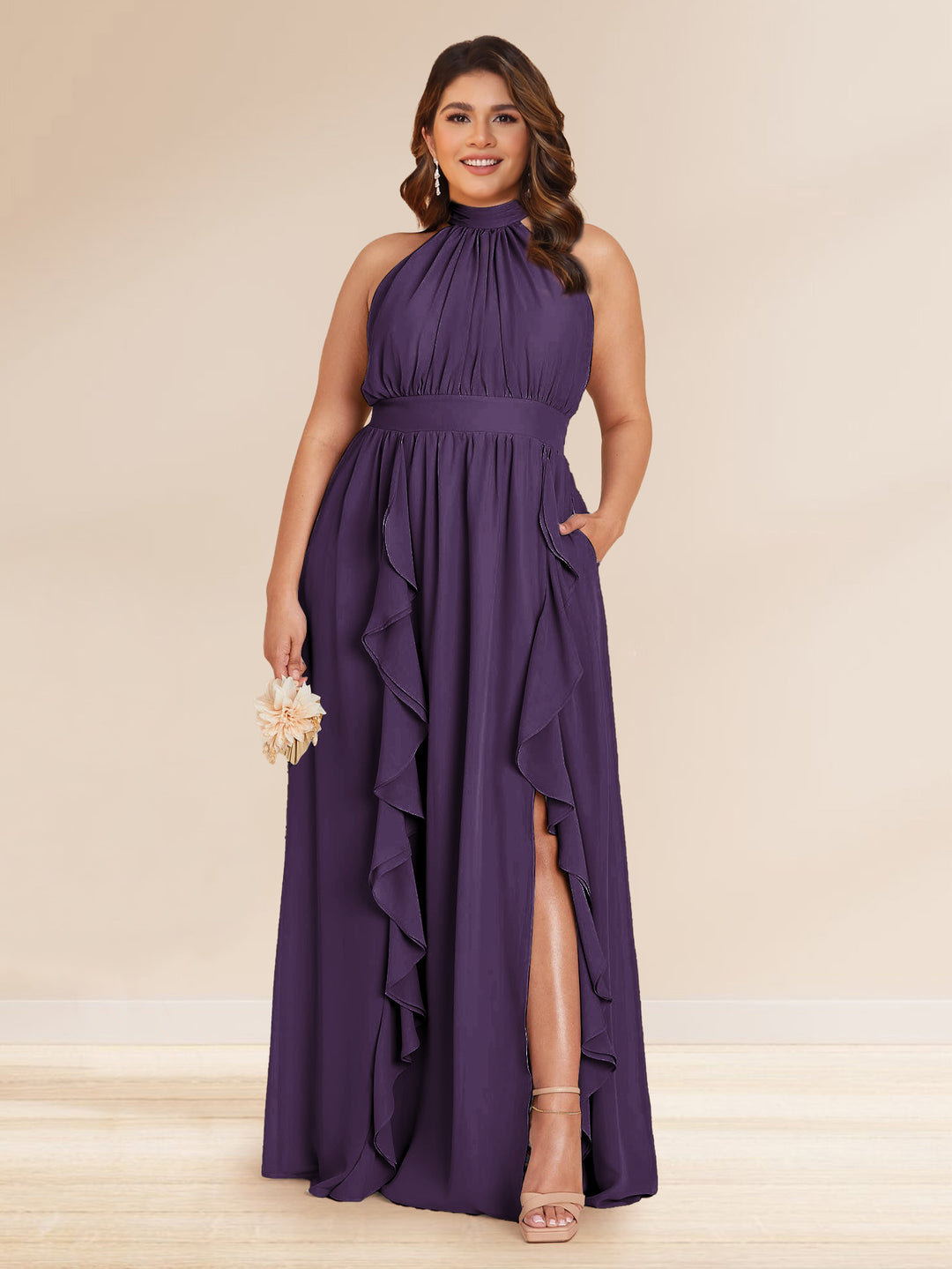 Chiffon A-Line/Princess Halter Plus Size Bridesmaid Dresses with Split Side &amp; Ruffles