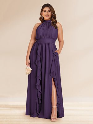 Chiffon A-Line/Princess Halter Plus Size Bridesmaid Dresses with Split Side & Ruffles