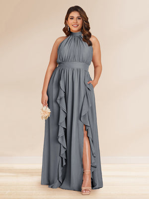 Chiffon A-Line/Princess Halter Plus Size Bridesmaid Dresses with Split Side & Ruffles