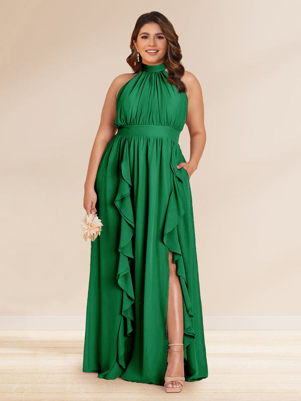 Chiffon A-Line/Princess Halter Plus Size Bridesmaid Dresses with Split Side & Ruffles