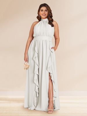 Chiffon A-Line/Princess Halter Plus Size Bridesmaid Dresses with Split Side & Ruffles